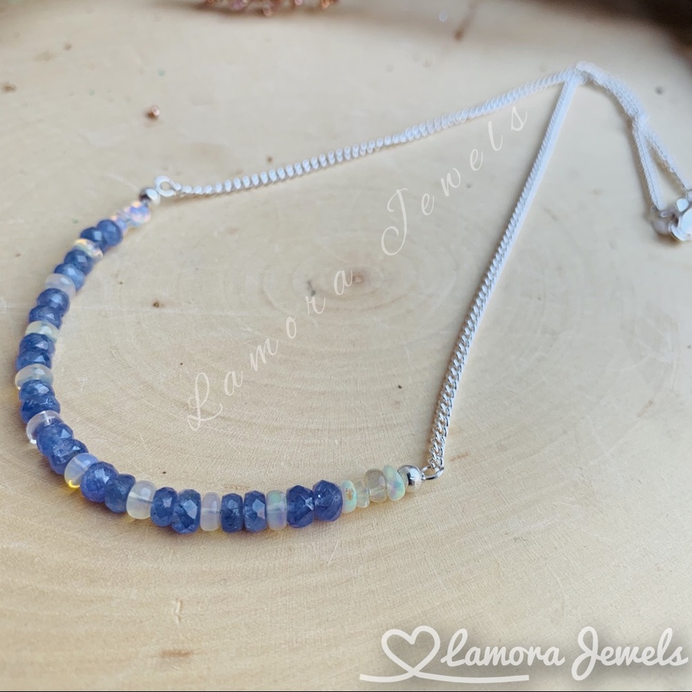 Genuine Tanzanite & Opal Gemstone Silver Necklace